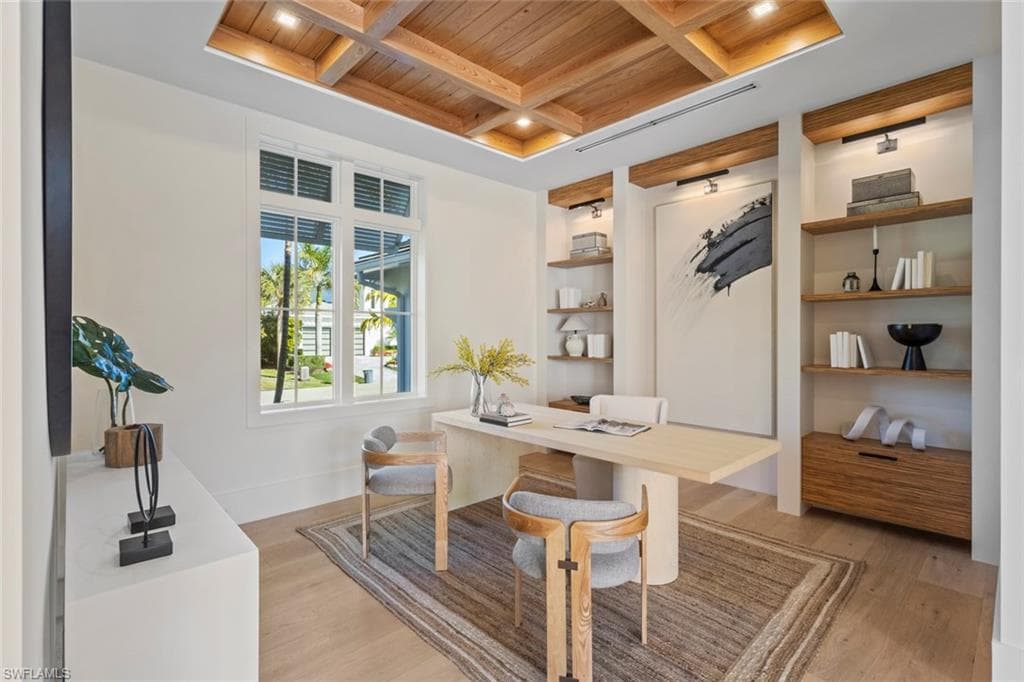 Office featuring a wood ceiling with exposed beams, coffered ceiling, light wood-type flooring, and recessed lighting