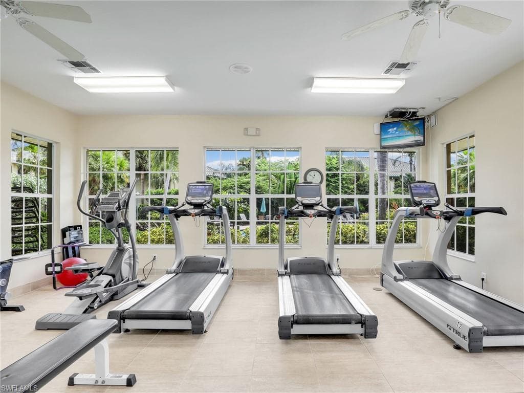Workout area featuring a wealth of natural light and ceiling fan