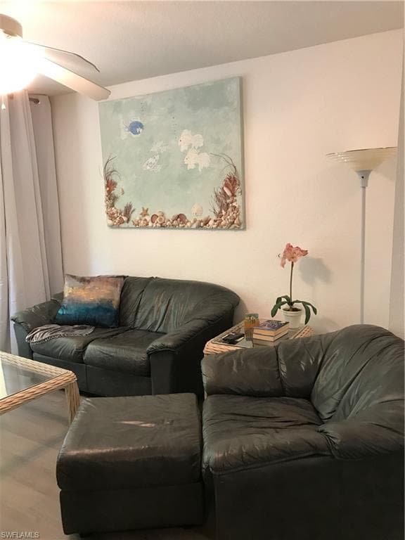 Living room featuring hardwood / wood-style flooring and ceiling fan