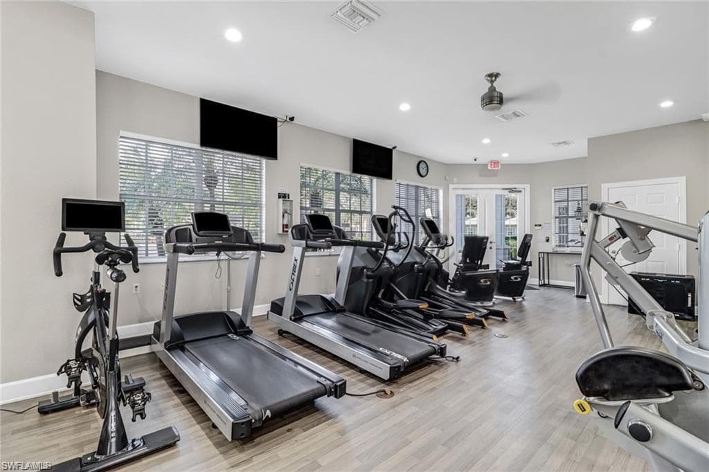 Exercise room with french doors, a wealth of natural light, ceiling fan, and light wood-type flooring