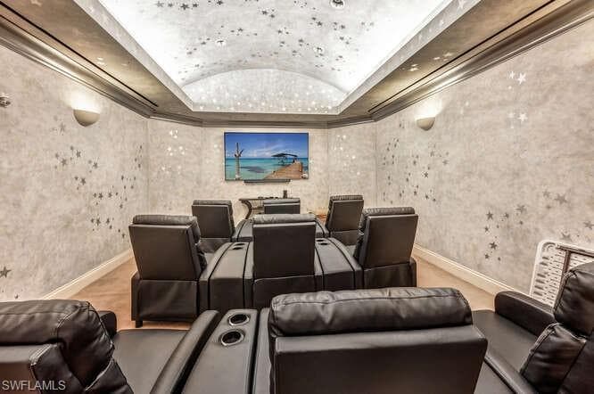 Home theater featuring a raised ceiling