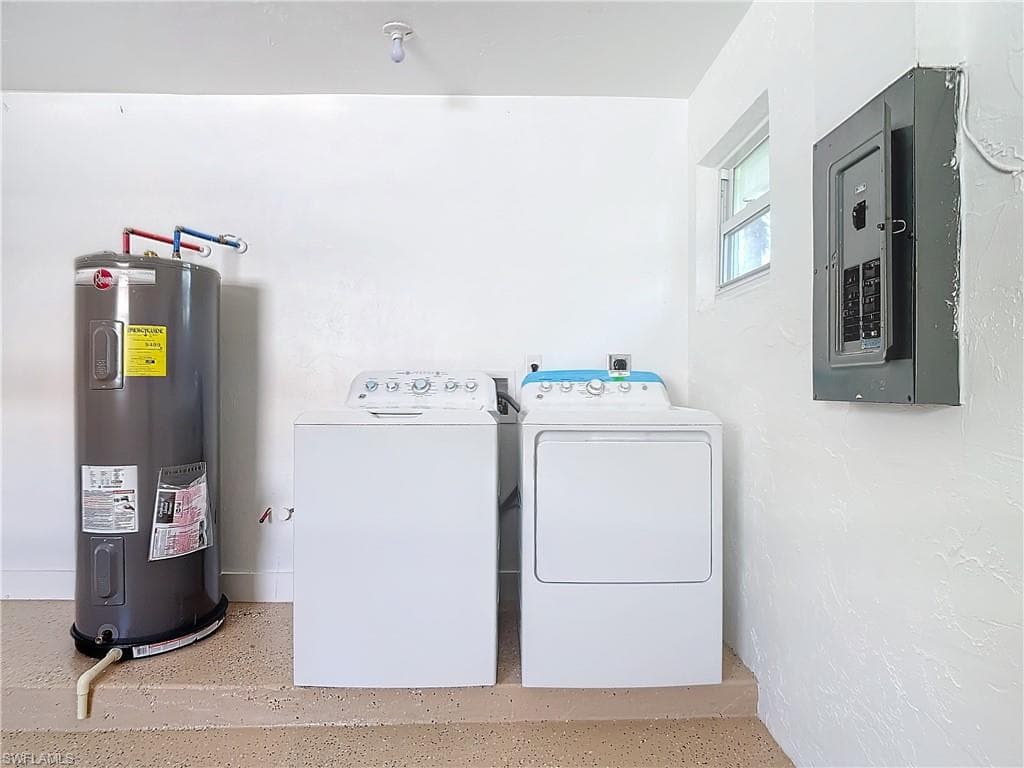 Laundry area with water heater, washing machine and dryer, and electric panel