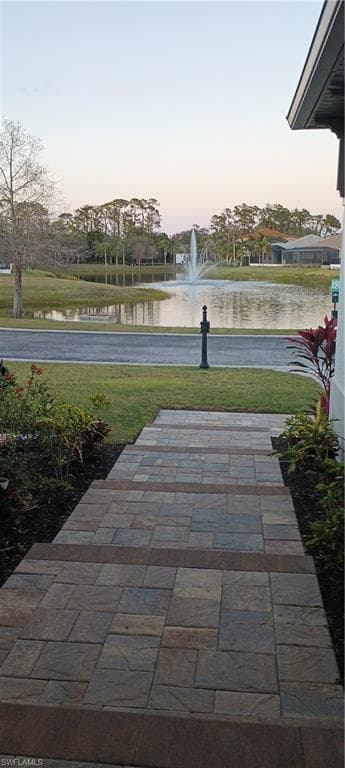 View of lake and fountain from the front door of lake and fountain