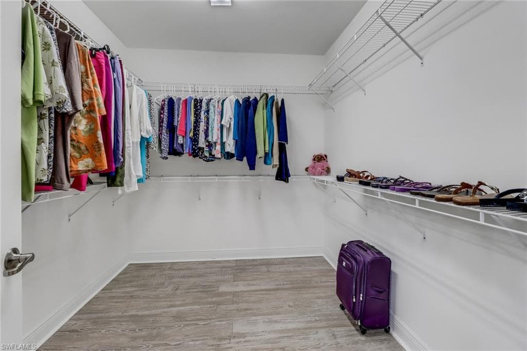 Large Walk in closet with light wood-type flooring off master bedroom