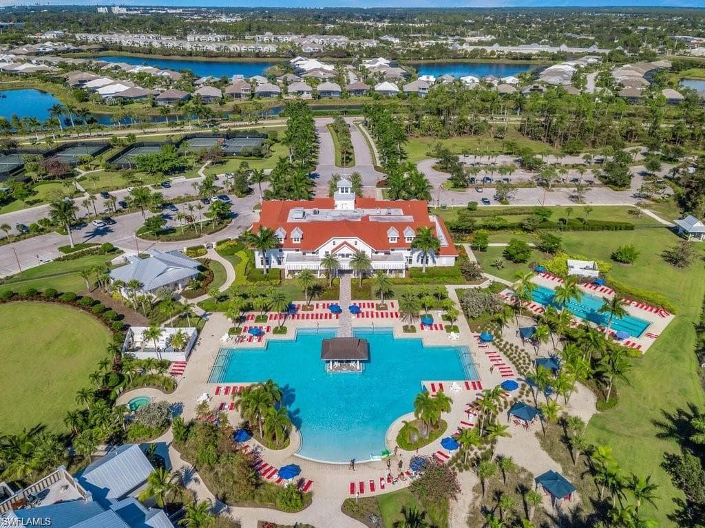 Aerial view featuring a water view