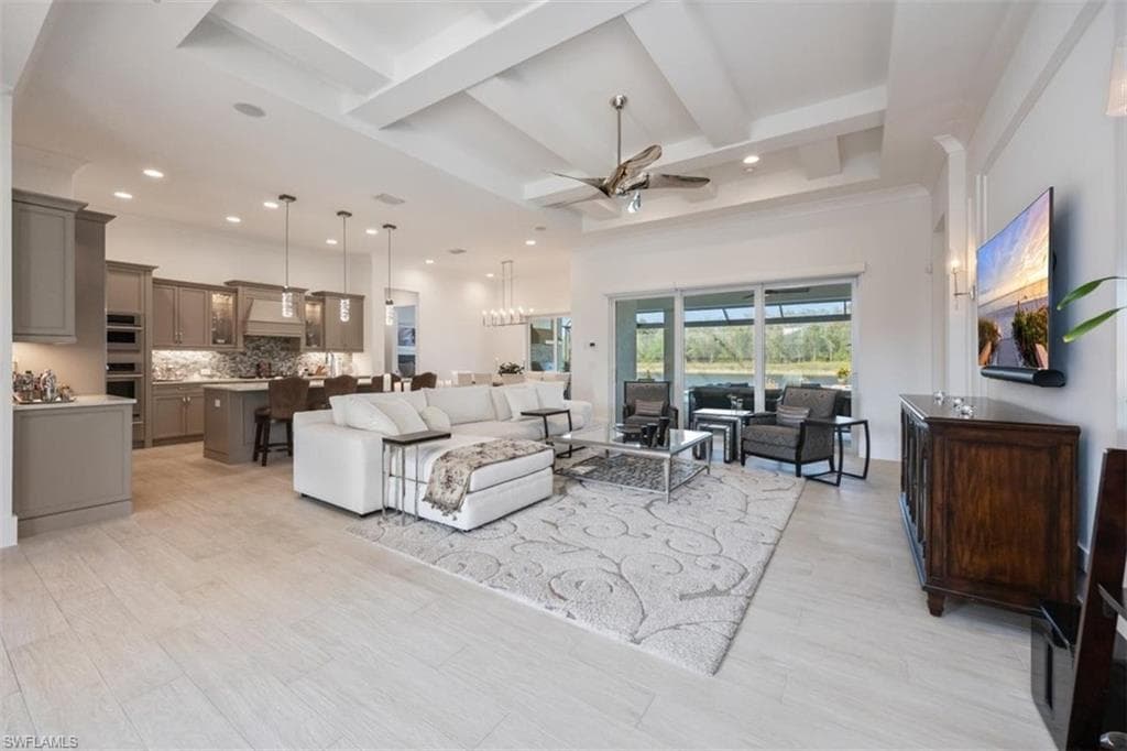 Great room with gorgeous coffered ceiling