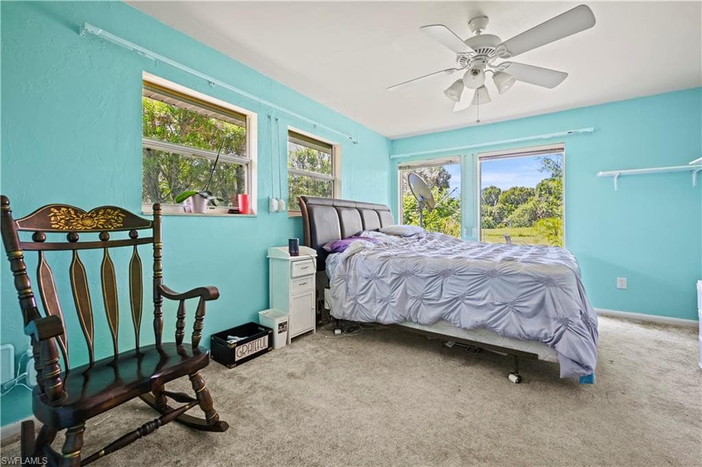Bedroom with multiple windows, ceiling fan, and carpet flooring