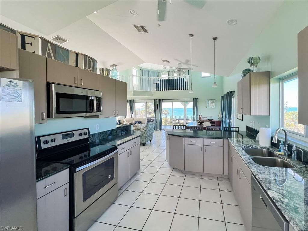 Kitchen featuring stainless steel appliances, a wealth of natural light, visible vents, and a sink