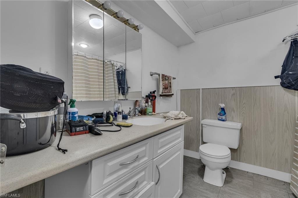 Full bathroom featuring toilet, a shower with shower curtain, and vanity