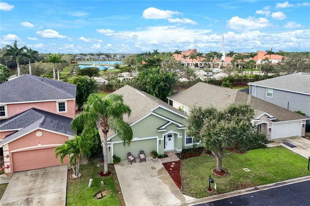 Birds eye view of property with a residential view and a water view