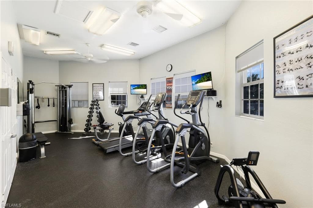 Exercise room with visible vents and a ceiling fan