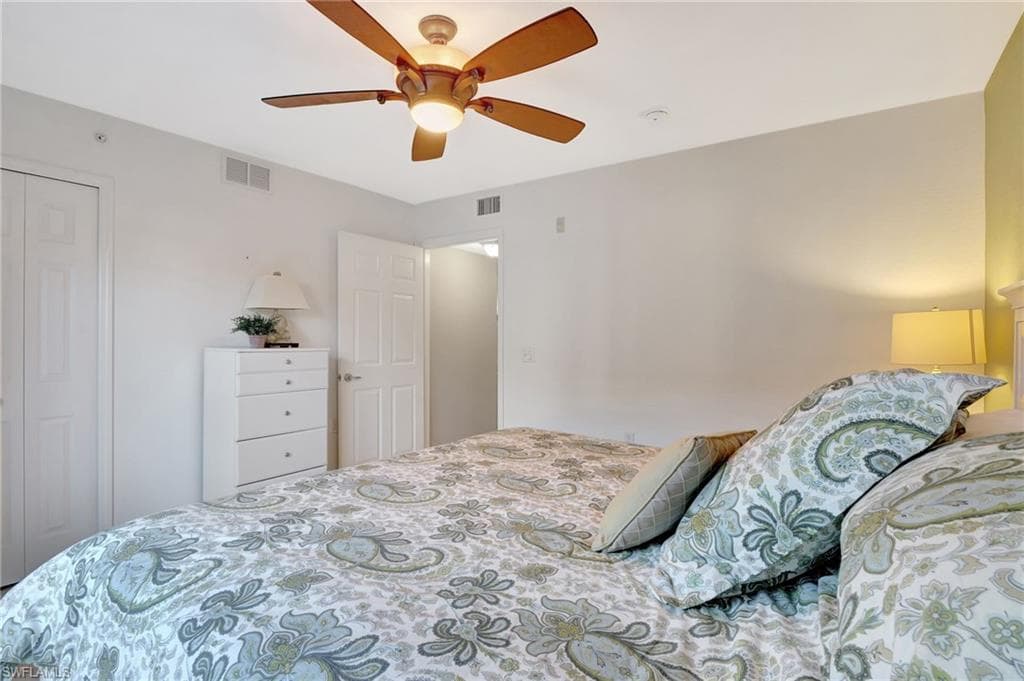 Bedroom with visible vents and a ceiling fan