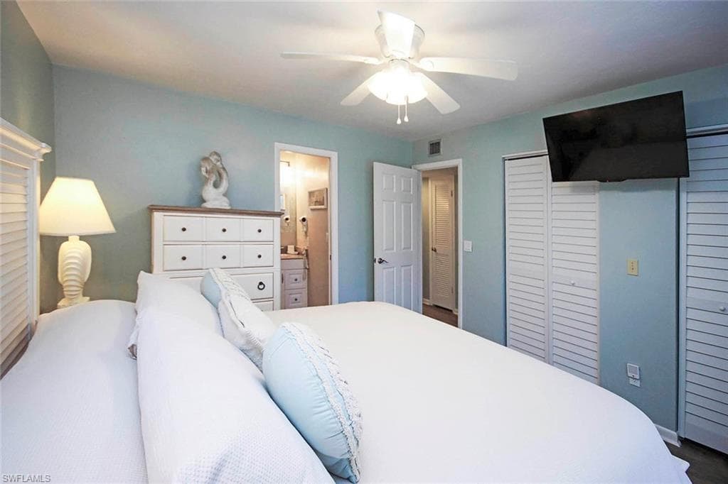 Bedroom with visible vents, a closet, and ceiling fan