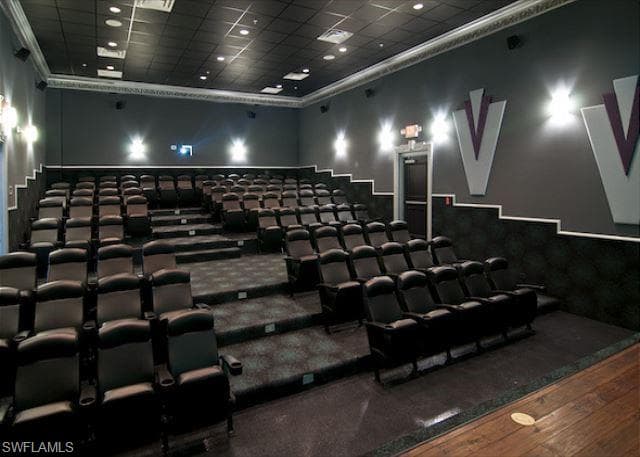 Home theater with a drop ceiling, wood finished floors, a high ceiling, and ornamental molding