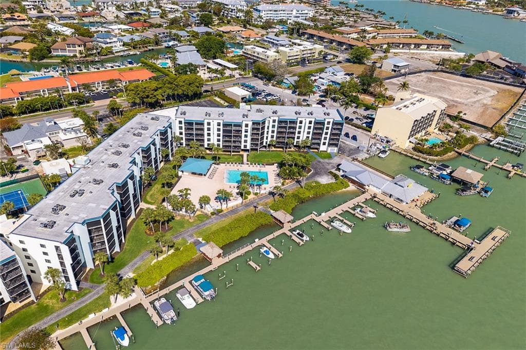 Aerial view featuring a water view