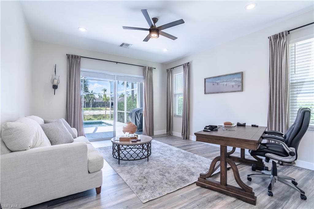 Den/office with recessed lighting, a ceiling fan, and baseboards