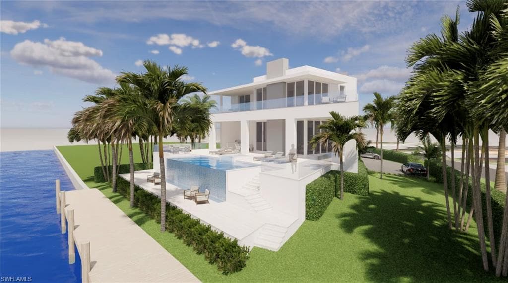 View of pool with a patio area, a water view, and an infinity pool