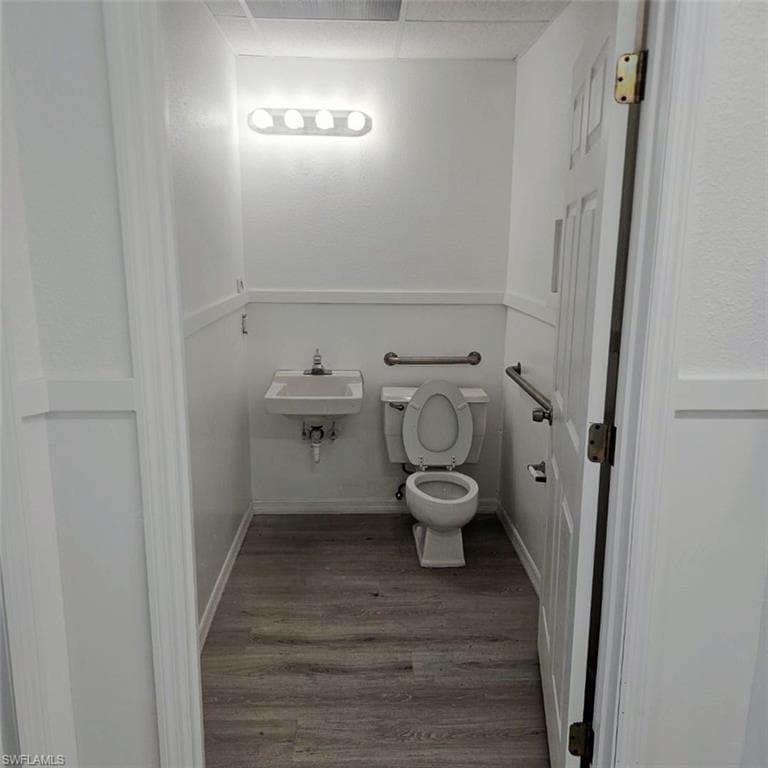 Bathroom featuring wood finished floors, toilet, a sink, and a paneled ceiling