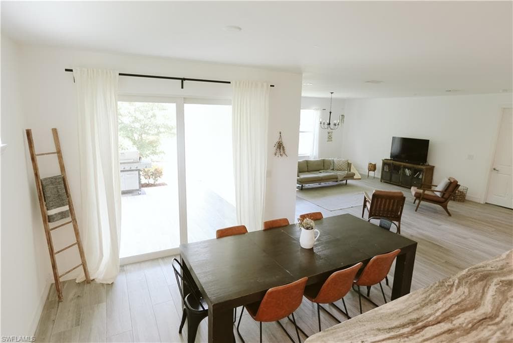 Dining area featuring healthy amount of natural light, light wood-type flooring, and a chandelier