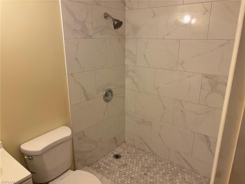 Full bathroom featuring toilet, a tile shower, and vanity