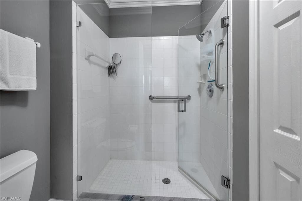 Full bathroom with toilet and a shower stall