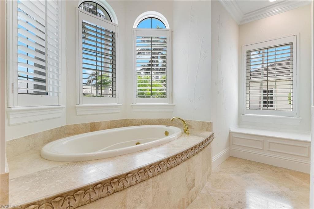 Master bathroom featuring a tub with jets, crown molding, healthy amount of natural light, and tile patterned floors