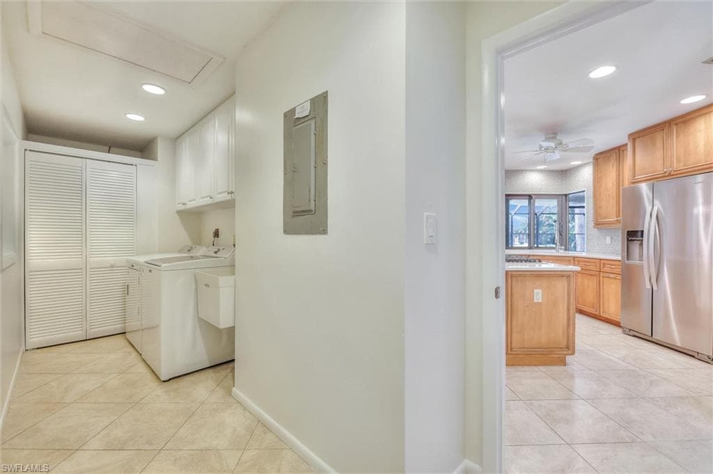 Kitchen with ceiling fan, stainless steel appliances, recessed lighting, light countertops, and light tile patterned flooring