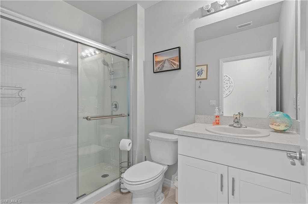 Full bath with vanity and a shower stall