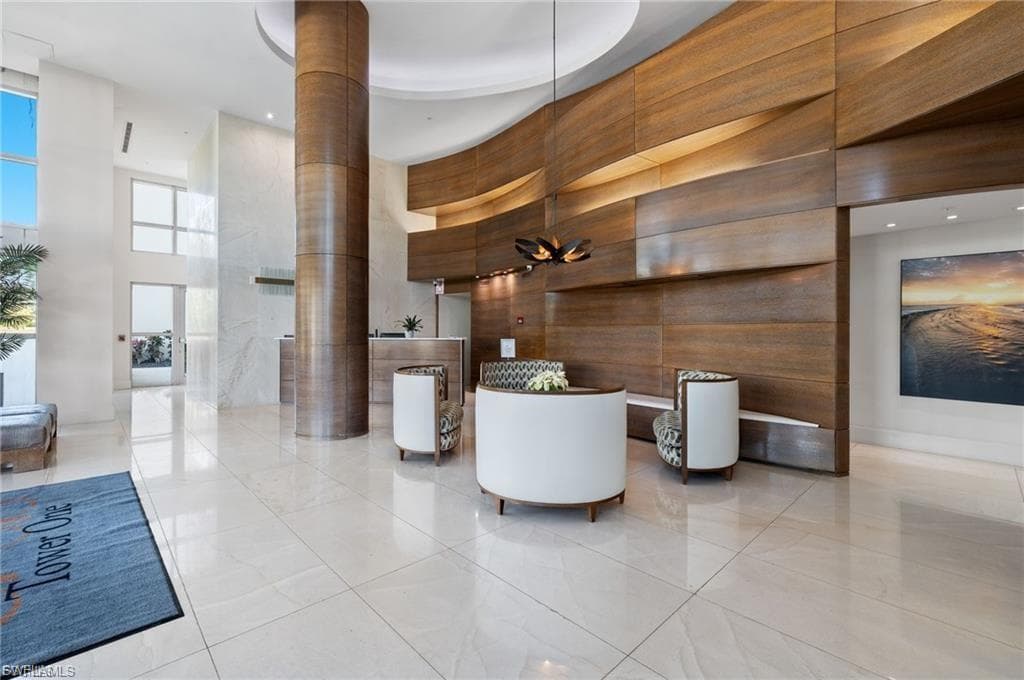 Lobby with a towering ceiling