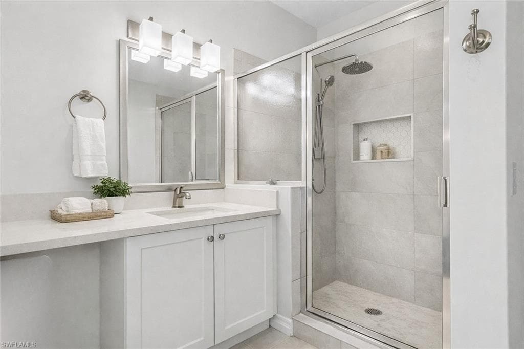 Virtual staged full bath featuring vanity and a shower stall