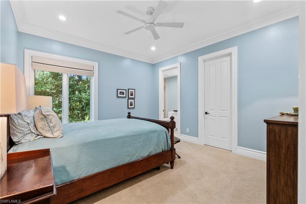 Bedroom featuring carpet, crown molding, ceiling fan, and recessed lighting
