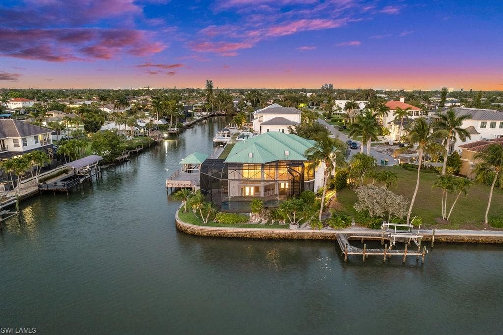 Aerial view of the back home at dusk