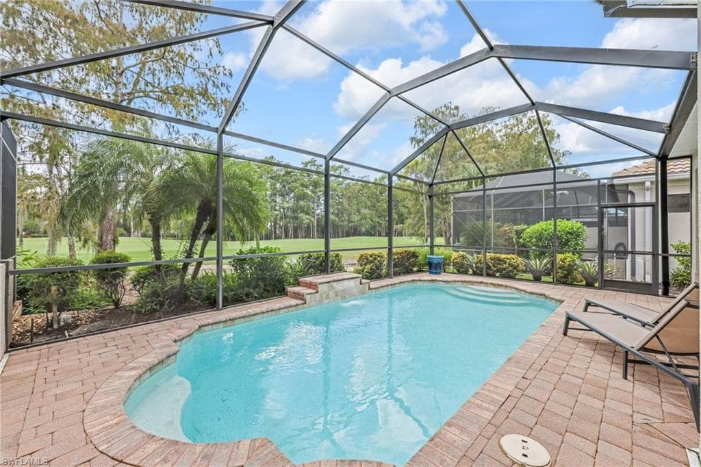 Pool interior was refinished with fresh and light gunite, new pool pump, new filter and new electric heater overlooking views of the golf course.