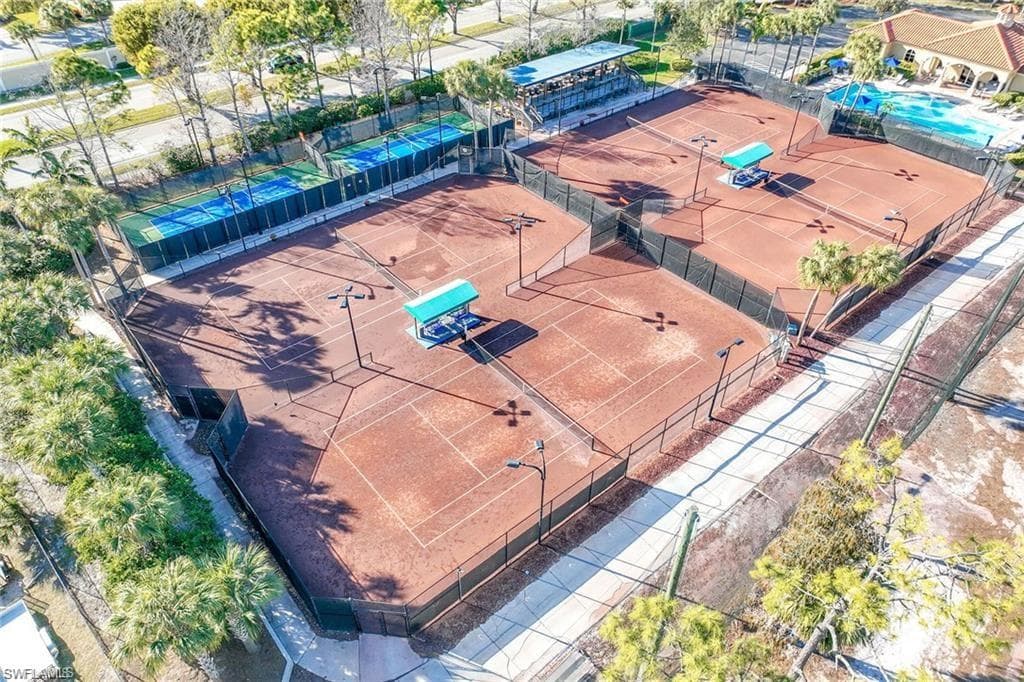 Aerial view of community tennis courts and pickleball courts