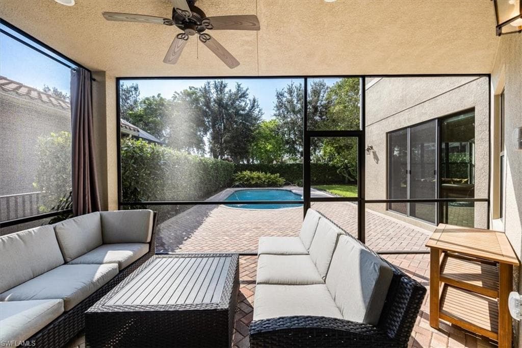 View of patio / terrace featuring ceiling fan and an outdoor living space