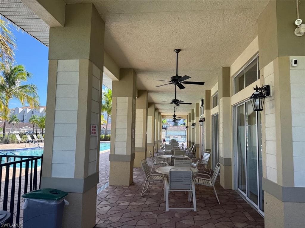 View of patio / terrace with a ceiling fan and a community pool