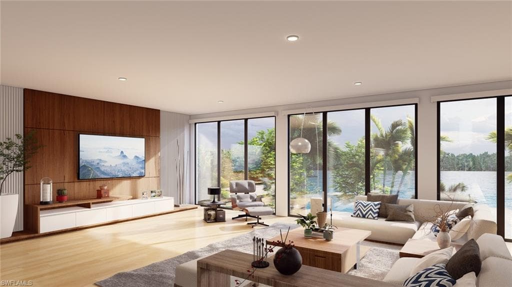 Living room featuring wooden walls, wood finished floors, recessed lighting, and floor to ceiling windows