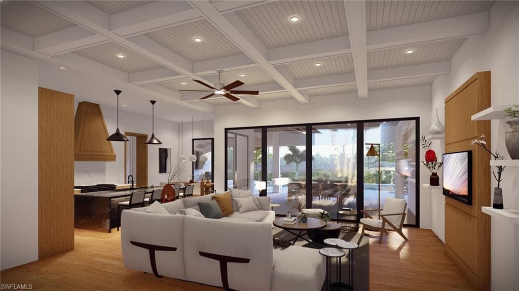 Living area featuring beam ceiling, light wood-style floors, a ceiling fan, coffered ceiling, and recessed lighting