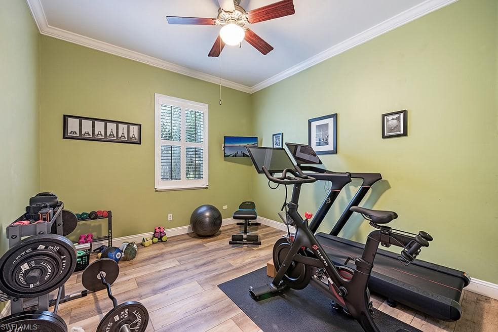 Workout room with ornamental molding, wood finished floors, and ceiling fan
