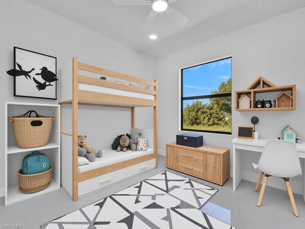 Bedroom with an office area, recessed lighting, and ceiling fan