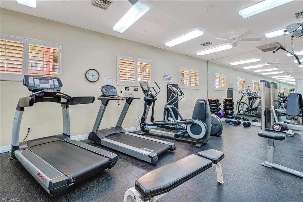 Workout area with ceiling fan