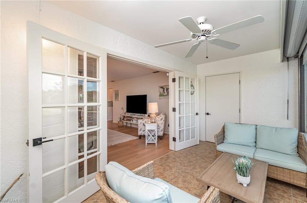 Lanai with large storage room and french doors to living room