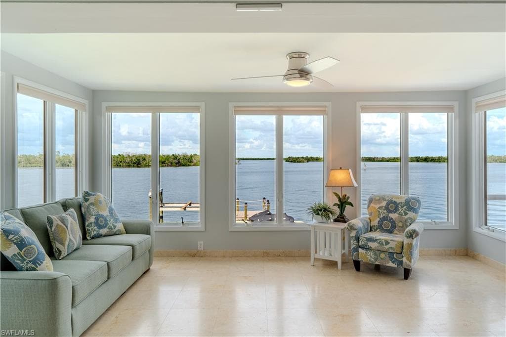 Sunroom featuring a water view - Virtually Edited Image