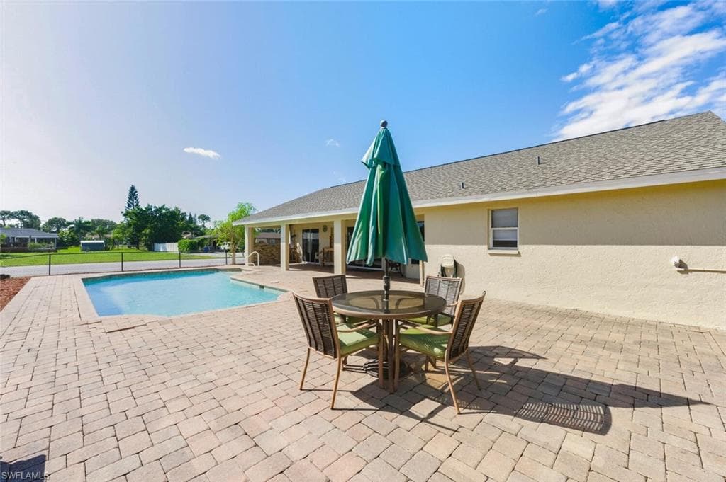 View of pool featuring a patio and outdoor dining space
