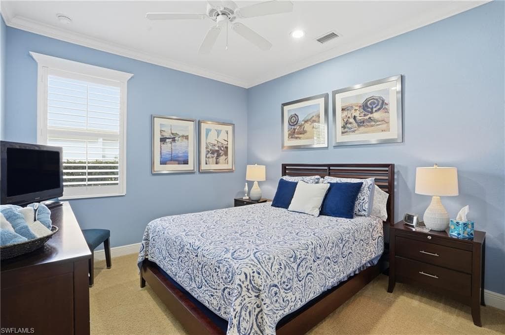 Bedroom featuring crown molding, light colored carpet, a ceiling fan, and recessed lighting