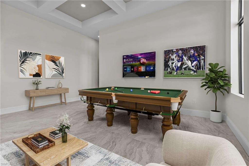 Recreation room featuring coffered ceiling, beamed ceiling, pool table, and recessed lighting