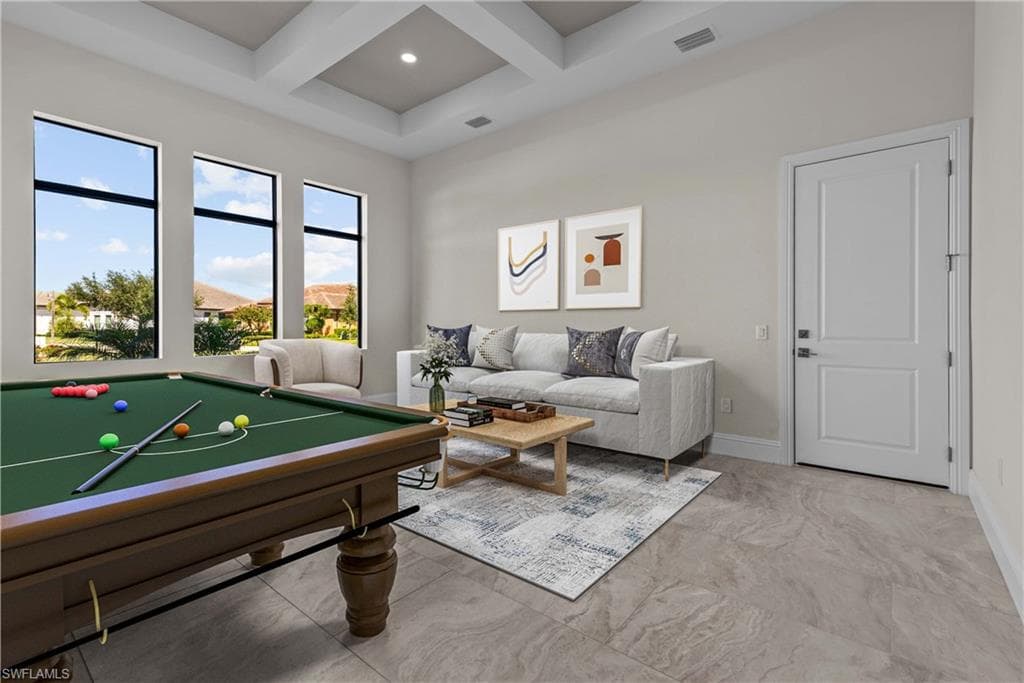 Recreation room featuring billiards, coffered ceiling, and beam ceiling