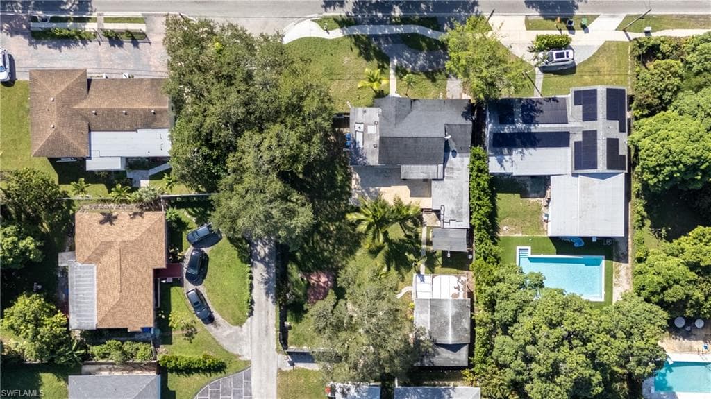 Aerial view of residential area with a pool area