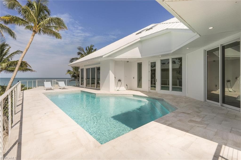 View of pool with a patio and a water view