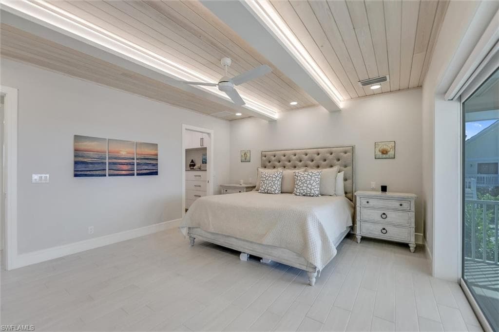 Bedroom featuring access to outside, wood ceiling, light wood-style flooring, and a ceiling fan